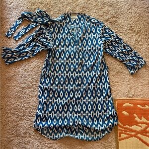 Maeve Blue and White Geometric V-Neck Tunic